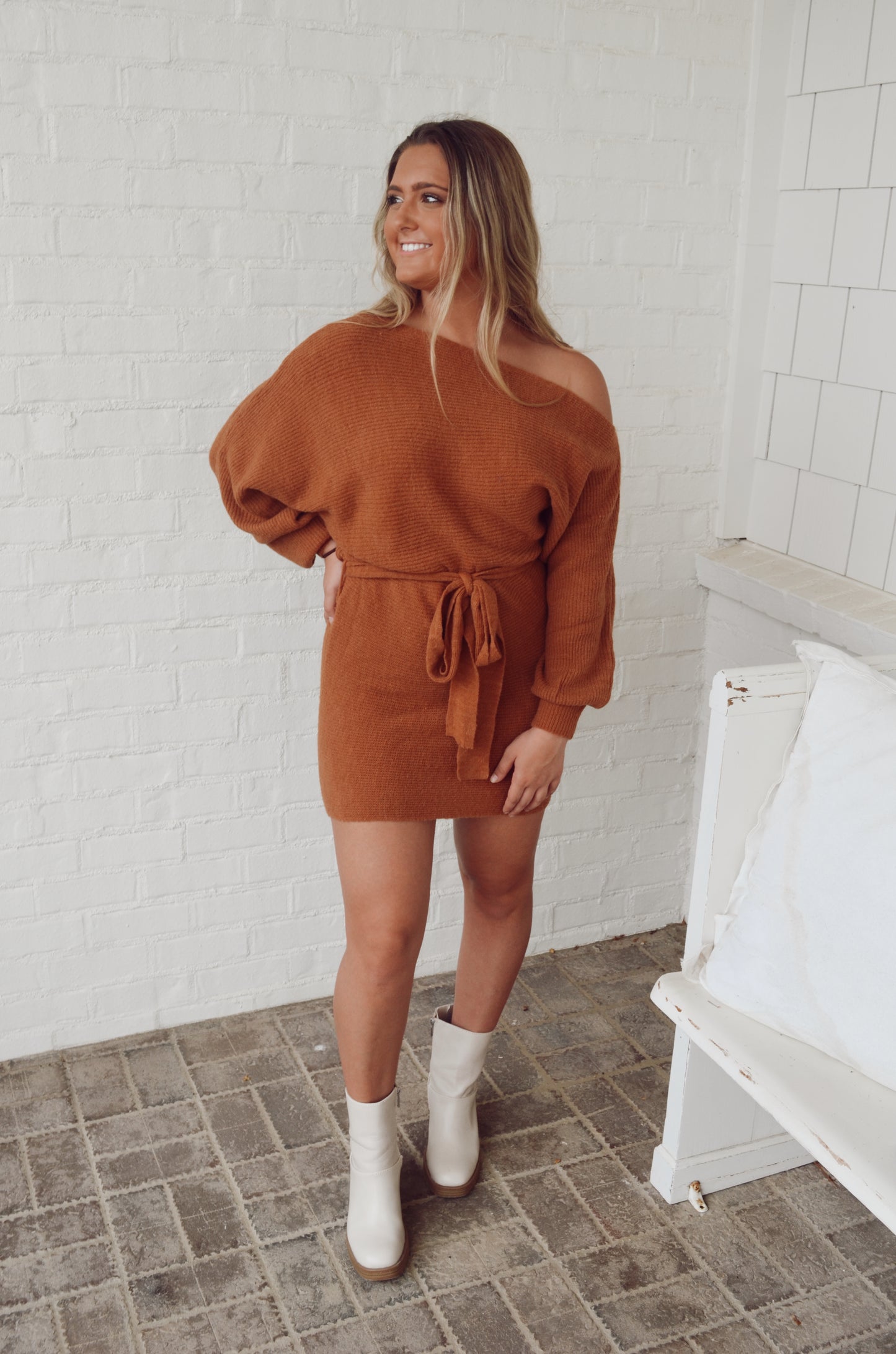 One Shoulder Long Sleeve Sweater Dress - Brown