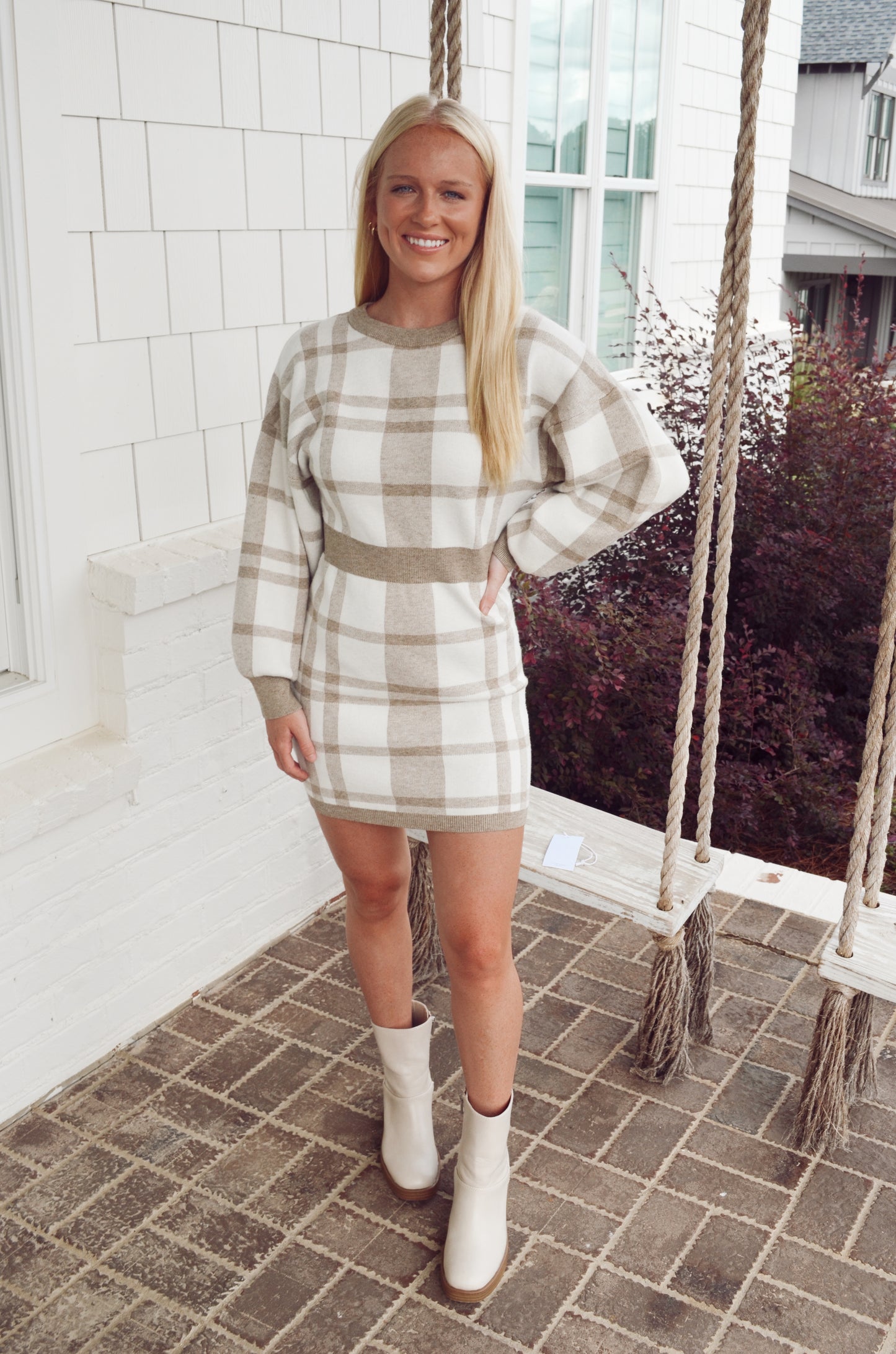 Plaid Sweater Mini Dress - Beige/White