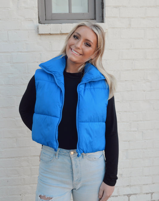 Cropped Puffer Vest - Blue